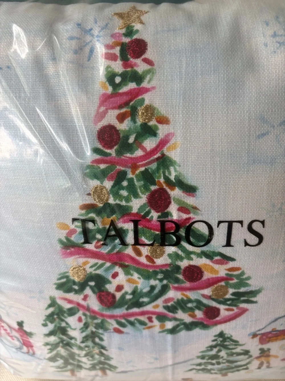 Talbots Light Blue Winter Tree Holiday Pillow with Festive Scene NWT 18”x18”